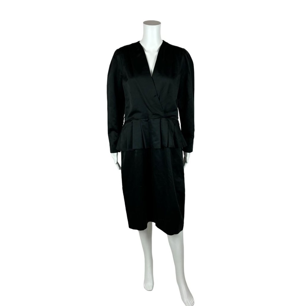 Vintage 80s Black Dress Women's Medium LBD Long Sleeve Surplice Peplum Waist